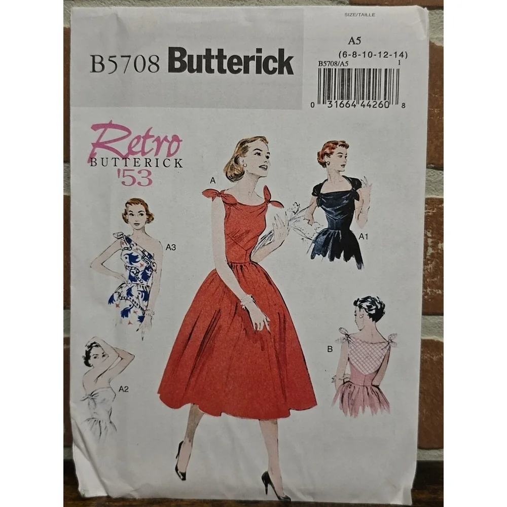 Butterick B5708 RETRO 53 Flared Dress Shoulder Ties Sewing Pattern sz 6-14